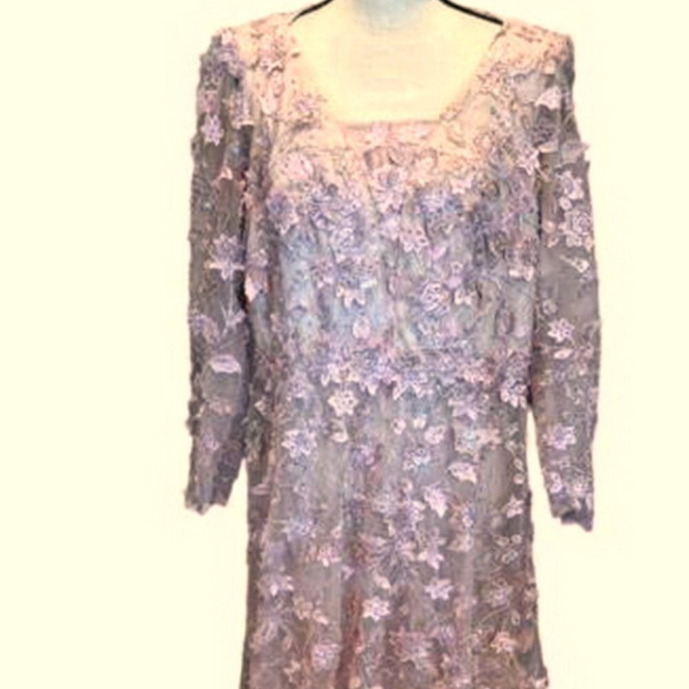 Mac Duggal Nude Rose Pink Floral Appliqué Long Sleeve Lace A-Line Gown